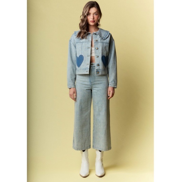 "The Myka" Heart Patch Denim Jacket With Ruffle Collar - Picture 3 of 3